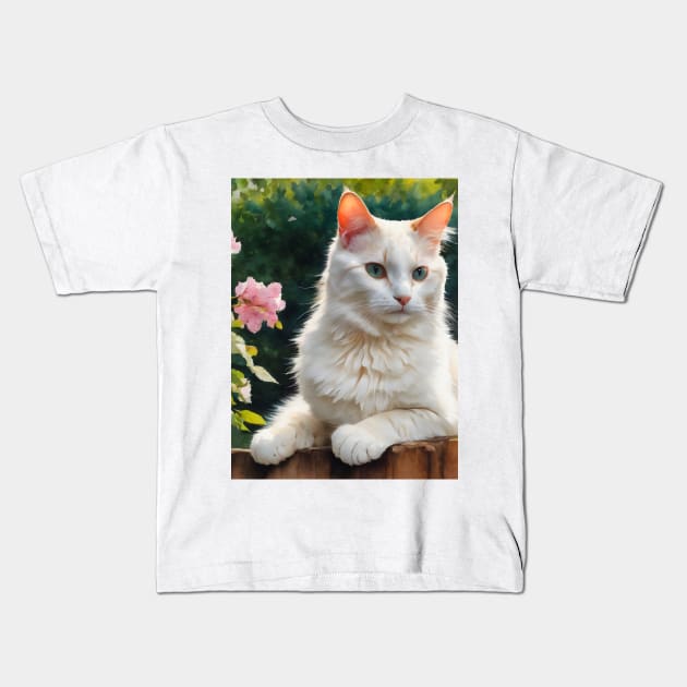 Cute White Cat With Flowers Watercolour Cat Art Kids T-Shirt by vanityvibes